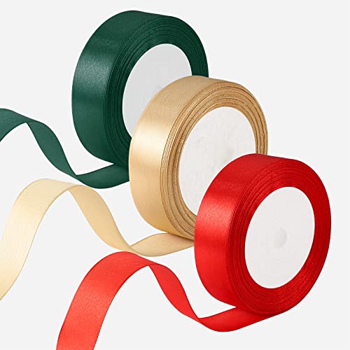 66m Geschenkband Weihnachten, 25mm Schleifenband Weihnachten Breit Geschenkband Rot&Gold&Dunkelgrün für Geschenkverpackung Weihnachten Basteln(22m/Rolle) von Yoosso