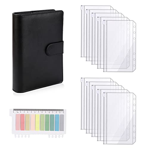 A6 Binder Notizbuch, 6 Löcher PU Loseblatt Notizbuch Budget Ringbuch mit 10 Transparent Binder Tasche & 200 Index Tabs für Bargeld Kreditkarte Briefmarken(Schwarz) von Yoosso