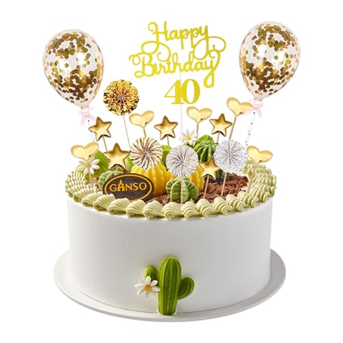 18PCS Tortendeko 40 Geburtstag Mann Frau Gold Happy Birthday Tortendeko 40. Party Kuchendekorationen Ballon Goldene Cake Topper Geburtstag Deko von Yootiko