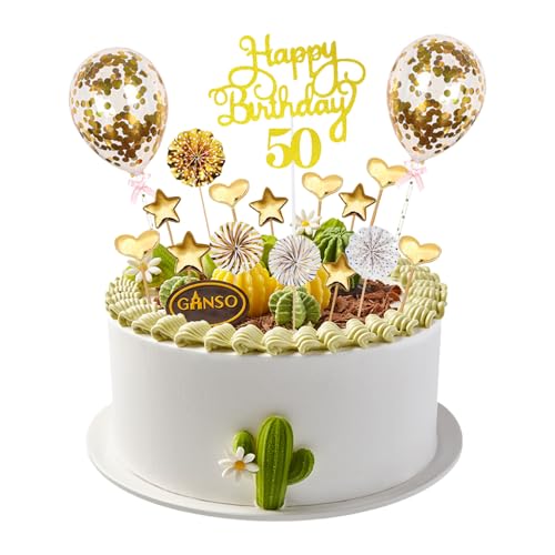 18PCS Tortendeko 50 Geburtstag Deko Mann Frau Torten Deko Gold 50. Happy Birthday Cake Topper Goldene Decoration Tortendekorationen von Yootiko