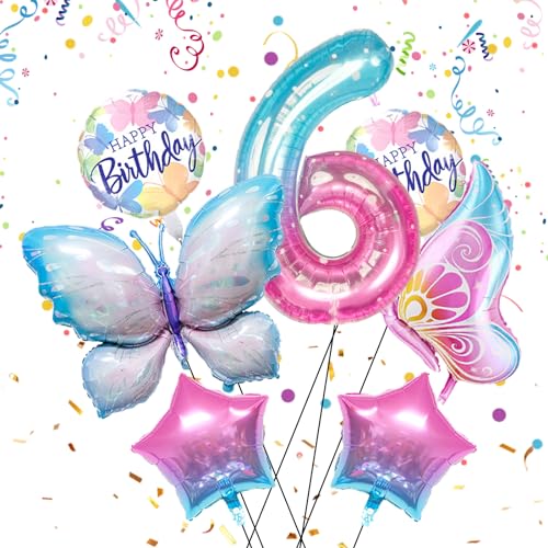 Yootiko 7 Stück Schmetterlings Folienballon, 6 Jahre Bunt Schmetterlinge Geburtstagsdeko Mädchen Bunte Schmetterling Aluminiumfolie Ballons Geburtstag Deko für Mädchen Schmetterling Thema Party von Yootiko