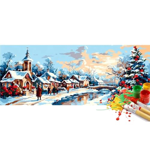 Malen Nach Zahlen Dorf Winter Malen Nach Zahlen Erwachsene, DIY Set Ölgemälde Malen Nach Zahlen XXL, Acrylfarben Painting by Numbers Bastelset, für Geschenk Wanddekoration, 30x90cm (Ohne Rahmen)-YH246 von Yooyixi