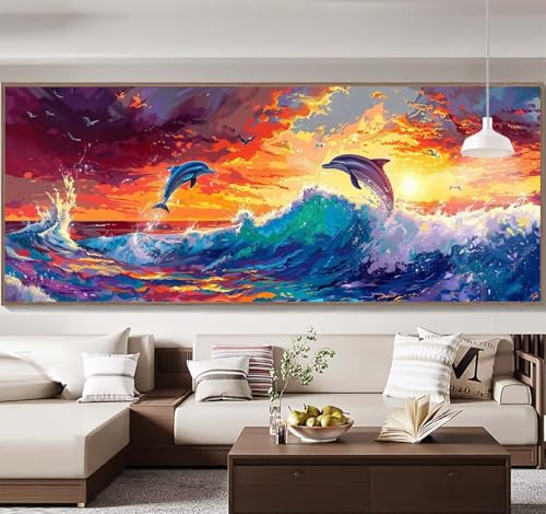 Malen Nach Zahlen Erwachsene Groß 90x240cm，Malen Nach Zahlen Sonnenuntergang Delphin Paint by Numbers Adult，Acrylfarben Leinwand Malen-Nach-Zahlen Anfänger，für Home Wand Dekor Geschenk[Ohne Rahmen] E6 von Yooyixi