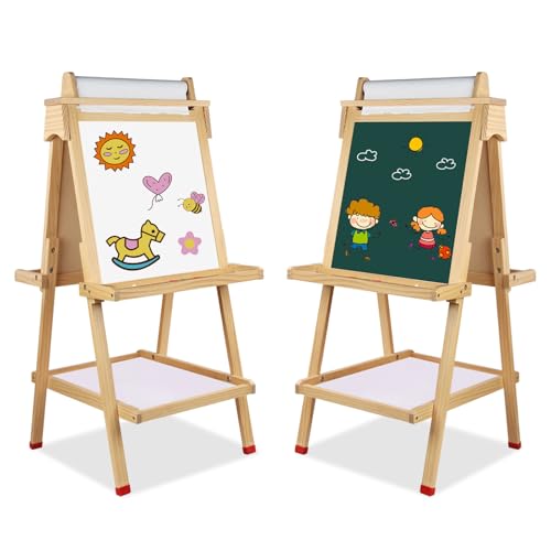 Staffelei aus Holz für Kinder mit Papierrolle, Doppelseitig Höhenverstellbares Zeichenbrett für Geburtstagsgeschenke, Whiteboard und Tafel von Yosamy