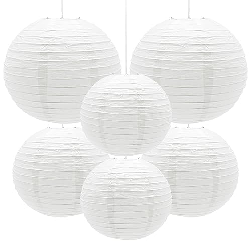 Yosawo 6 Stück Papierlaterne Laterne Deko Weiß rund Lampenschirm für Party Garten Hochzeit Geburtstage Dekoration（ 8" 10" 12"/White） von Yosawo