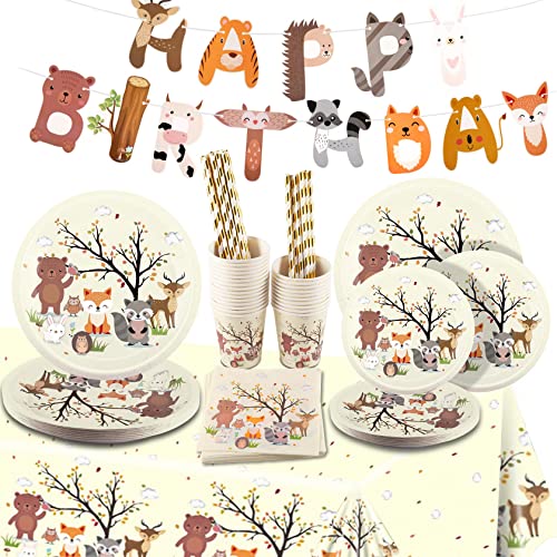 127 Stück Geburtstag Party Geschirr, Waldtiere Safari Partygeschirr Set für 25 Gäste, Set Papier Teller PapierTassen Servietten PapierStrohhalme Einweggeschirr für Geburtstag Hochzeit Party (Beige） von Yosemy