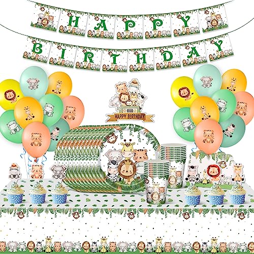 Yosemy Dschungel Safari Partygeschirr Set für 16 Personen, 93 Stück Papierteller Papierbecher Tischdecke Luftballons Cake Toppers Dekoration für Kindergeburtstag Jungen/Mädchen Geburtstag, Grün von Yosemy