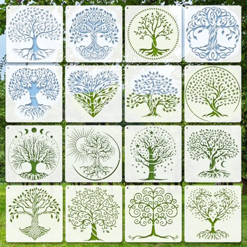 Yosugar 16 Stück Baum des Lebens Schablonen,Wand Schablonen,Malschablonen für Scrapbooking Zeichnung Verfolgung Wand Haus Dekoration DIY Geschenkkarten Geschenke Kinder (Baum des Lebens-16 Stk) von Yosugar