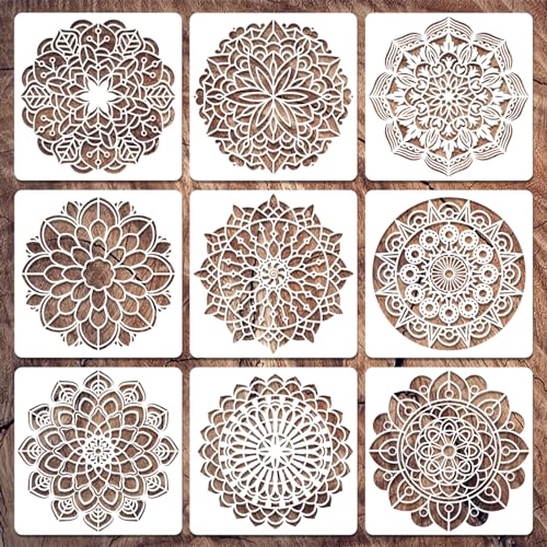 Yosugar 9 Stück Mandala Schablonen,Wand Schablonen,Malschablonen für Scrapbooking Zeichnung Verfolgung Wand Haus Dekoration DIY Geschenkkarten Geschenke Kinder (Mandala-9 Stk) von Yosugar