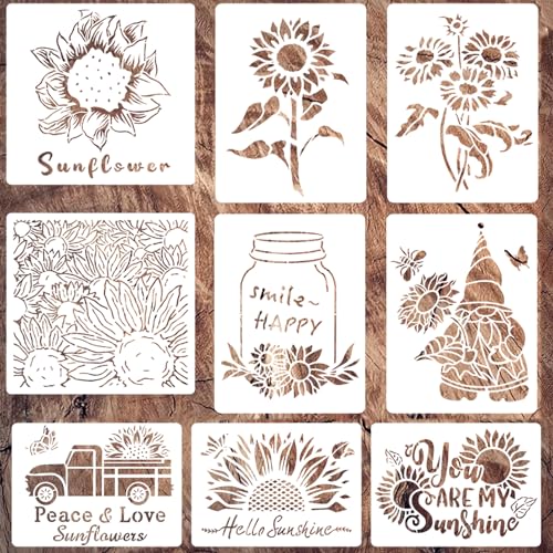 Yosugar 9 Stück Sonnenblumen Schablonen,Wand Schablonen,Malschablonen für Scrapbooking Zeichnung Verfolgung Wand Haus Dekoration DIY Geschenkkarten Geschenke Kinder (Sonnenblumen-9 Stk) von Yosugar