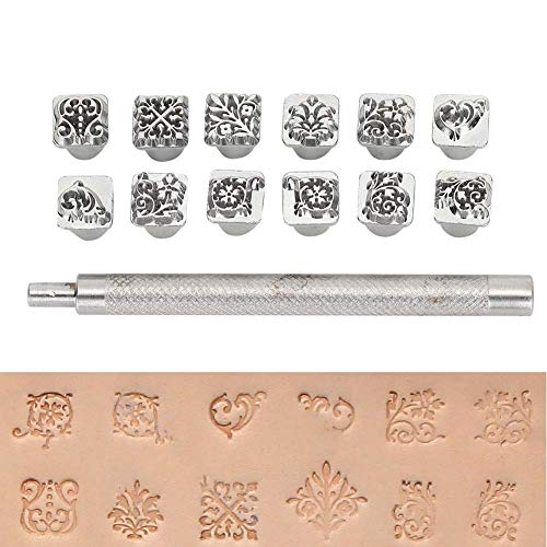 Yosugar Leder Stempel Stanzwerkzeuge, 10mm Metall-Leder-Stanzwerkzeuge,12 Stück Botanischen Leder Stempel,und 1 Stück Griff für für Leder Prägen DIY Ton Leder Handwerk Druck von Yosugar