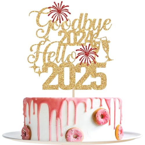 Goodbye 2024 Hello 2025 Cake Topper, Happy New Year Cake Decorations, Happy 2025, 2025 New Years Eve Party Decorations, Gold and Red Glitter von Yotawebery