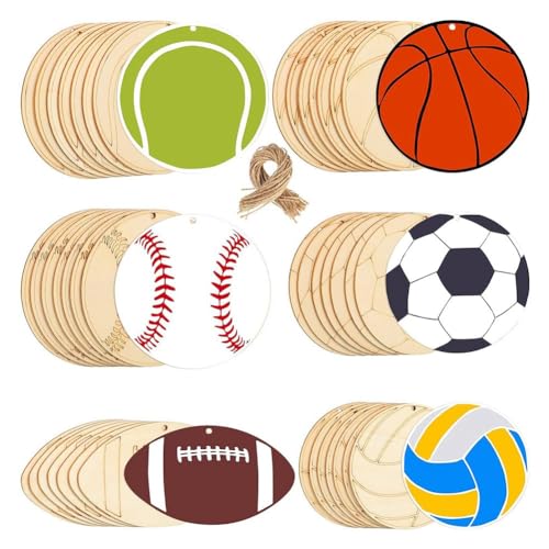 Youdefa 84 STK. Holzanhänger-Set Volleyball Basketball Baseball Tennis Soccer Form Unfertige Blank Holzchip Dekoratives Kit von Youdefa