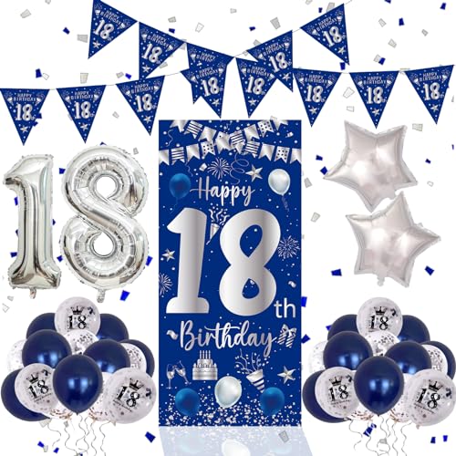 18 Geburtstag Deko Blau und Silber, 18. Geburtstag Junge Mädchen,18. Geburtstag Banner Ballons, Deko 18 Geburtstag Poster Hintergrund Banner für 18 Party Geburtstagsdeko Tür Wand Geburtstagdeko von Youerls