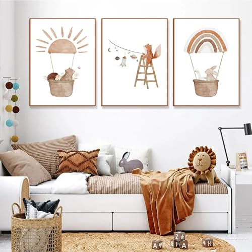 3 Baby Tiere Bilder Regenbogen Boho Heißluftballon Poster Sonne Kinder Braun 30x40 Wandbilder Babyzimmer Junge Mädchen Safari Leinwand Bär Fuchs Kaninchen Igel Gänse Kinderzimmer Deko Bild ohne Rahmen von Youihom