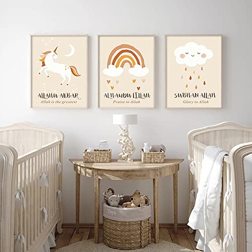 Youihom 3 Kinder Bilder Einhorn Regenbogen Boho Wolken Babyzimmer Poster 30x40 Islamische Bilder Kinderzimmer Junge Mädchen Wandbilder Schlafzimmer Kinder Geschenk Leinwand Deko ohne Rahmen von Youihom