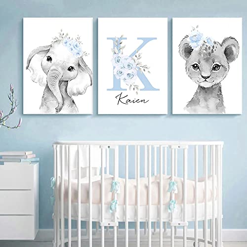 3 Leinwand Personalisiert Namen Baby Elefant Löwe Blumen Bilder Jungen Zimmer Poster Grau Blau Schlafzimmer Dekoration Kinder Geschenk 30 x 40 cm ohne Rahmen von Youihom