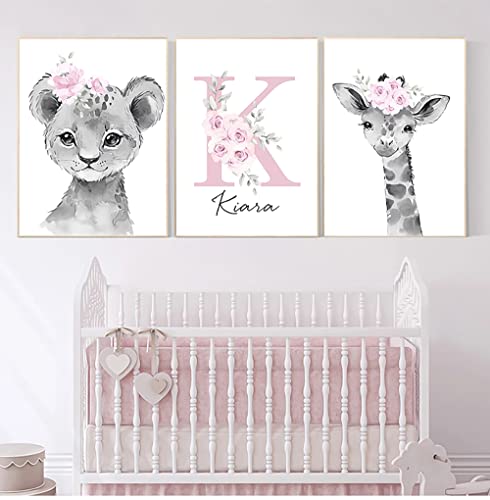 3 Leinwand für Kinderzimmer Mädchen Namen Personalisiert Poster Giraffe Löwe Blumen Grau und Rosa Wanddekoration Babyzimmer Spielzimmer Geschenk 30 x 40 cm ohne Rahmen von Youihom