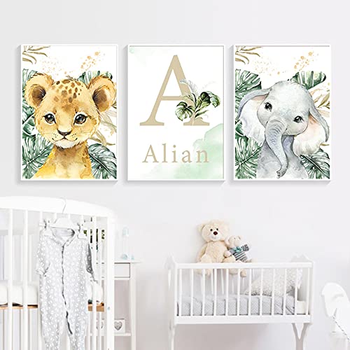 3 Personalisiert Name Kinder Wandbilder Junge Safari 30 x 40 cm Poster Kinderzimmer Tiere Dschungel Löwe Elefant Bilder Babyzimmer Jungen Bild Mädchen Zimmer ohne Rahmen von Youihom