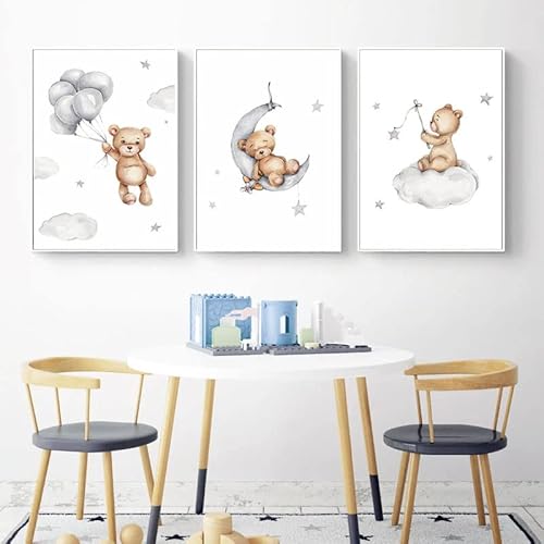 3 Poster Bär Kinderzimmer Baby 30 x 40 cm Leinwand Wanddekoration Kinder Poster Tiere Bild Junge Luftballons Mond und Sterne Wolke Mädchen Geschenk ohne Rahmen von Youihom