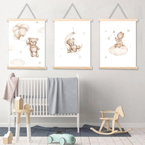 3 Poster Bär Schlafzimmer Baby Beige Poster Kinderzimmer Junge Poster Bär Baby Ballon Wolke Mond Wanddekoration Jungen 40x50cm Leinwand Kinderzimmer Geschenk ohne Rahmen (YHPT009-40x50cm) von Youihom