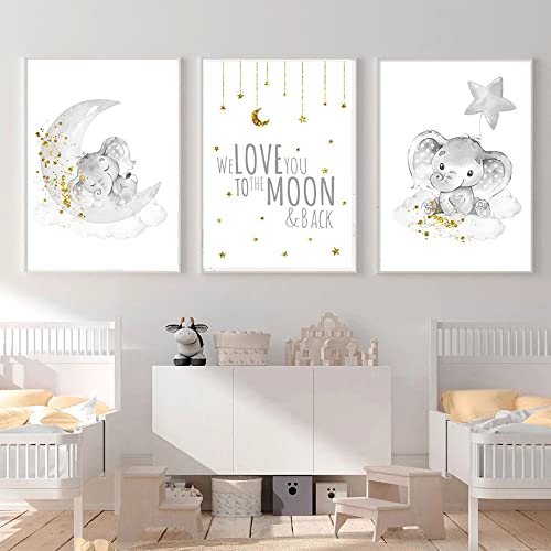 3 Poster Elefant Baby Bilder Grau Gold Wolke Mond Sterne Zitate Wandbild Dekoration Kinderzimmer Jungen Geschenk ohne Rahmen von Youihom