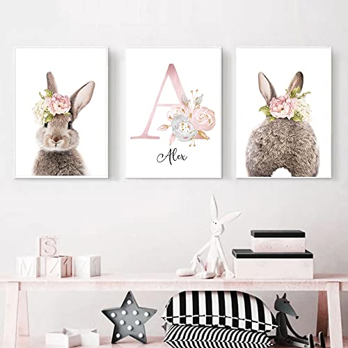 3 Poster Prenom personalisiert Baby 30 x 40 cm Poster Tiere Kaninchen Bild Blumen Leinwand Kinderzimmer Deko Mädchen Wandposter Nordic A3 ohne Rahmen von Youihom