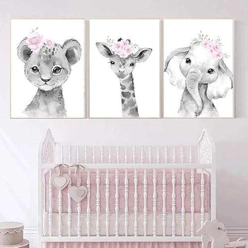 3 Poster Safari Löwe Giraffe Elefant Grau Rosa Blumen Bilder Tiere Leinwand Tierposter für Kinder Baby Jungen Mädchen Schlafzimmer Wand Kunstdrucke Geschenk A3 ohne Rahmen von Youihom