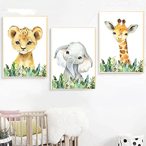 3 Poster Waldtiere a3 Bilder Dschungel Giraffe Elefant Zebra Bunt Leinwand Tierposter für Kinder Baby Jungen Mädchen Zimmer Schlafzimmer Wand Kunstdrucke Deko ohne Rahmen von Youihom