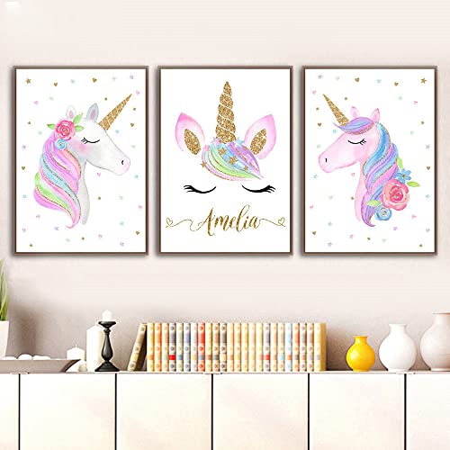 3 Posters Einhorn Bunt Personalisierbar Baby Name Bilder Kunstdrucke Mädchen Kinderzimmer Babyzimmer Dekoration Segeltuch 30 x 40 cm kein Rahmen von Youihom