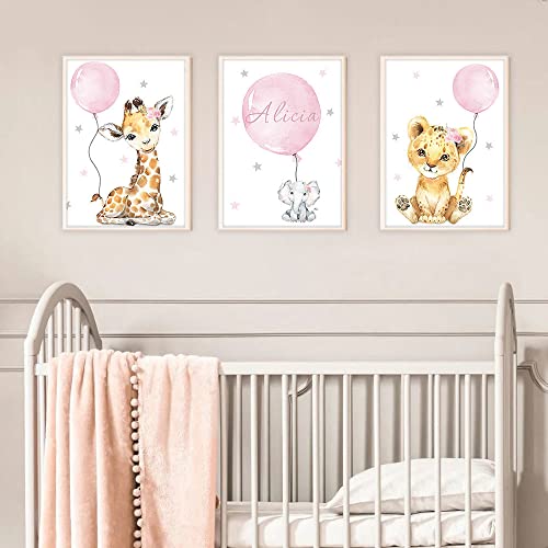 3 Prenom Bilder personalisiert Mädchen 30 x 40 cm Poster Tiere und Luftballons Rosa Schlafzimmer Baby Giraffe Löwe Elefant Illustration Poster Kinder Drucke auf Leinwand Wandkunst Haus ohne Rahmen von Youihom