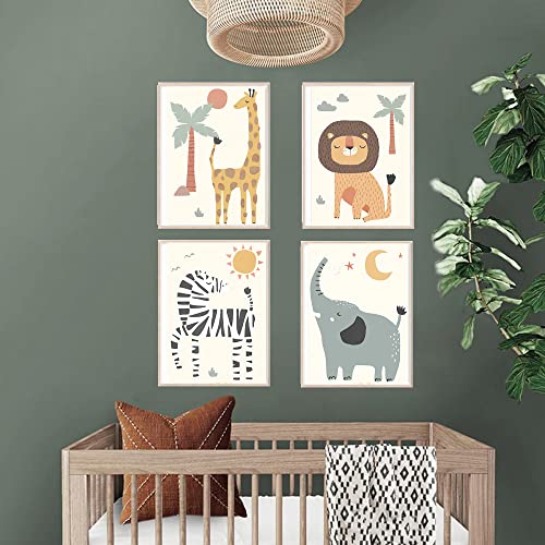 4 Poster Tiere Schlafzimmer Baby Jungen Leinwand Afrika Löwe Zebra Elefant Giraffe Illustration Bilder Safari Bunt Zeichnung Wanddekoration Kinder A4 ohne Rahmen von Youihom