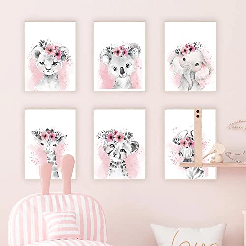 6 Bilder Kinderzimmer Mädchen Tiere Safari Poster Set Bilder Kinderzimmer Aquarell Rosa Baby Kunst Dekoration Poster Löwe Leopard Giraffe Koala Zebra Elefant Tierbilder Leinwand Kind Junge 21x30 cm von Youihom