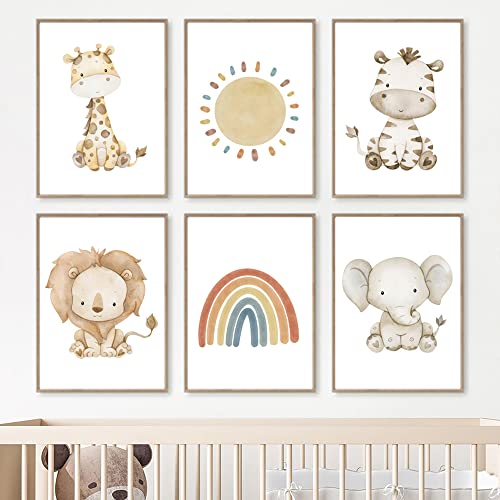 6 Bild Regenbogen Poster Sonne Kinder Bild Tiere Schlafzimmer Baby Giraffe Milchkuh Löwe Elefant Druck auf Leinwand Boho Wohnzimmer Wanddekoration 21 x 30 cm A4 ohne Rahmen von Youihom