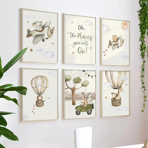 6 Bilder Waldtiere Kinder Boho Beige Poster Babyzimmer Junge Wandbilder Safari Kinderzimmer Löwe Elefant Giraffe Zebra Affe Wandposter Kinder Zitate Ballon Bilderwand Leinwand 21x30 ohne Rahmen von Youihom