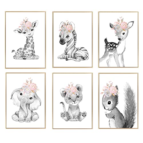 6 Poster Nordische Tiere Stil Image Kinder Babyzimmer Rosa Schwarz weiß Illustration Wanddekoration Safari Giraffe Zebra Hirsch Elefant Löwe Eichhörnchen Leinwand Mädchen Jungen A4 ohne Rahmen von Youihom