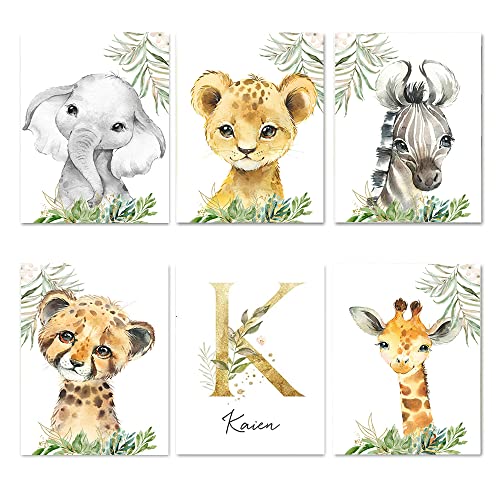 6 Poster Prenom personalisiert Baby Elefant Löwe Zebra Leopard Giraffe Tiere Dschungel Dekoration Bild Poster Schlafzimmer Kinder Drucke auf Leinwand Mädchen Jungen Geschenk 21 x 30 cm ohne Rahmen von Youihom