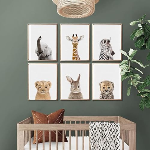 6 Poster Safari Bilder Afrika Tiere Elefant Giraffe Zebra Löwe Hase Tiger Baby Schlafzimmer Wand Dekoration Geschenk A4 ohne Rahmen von Youihom