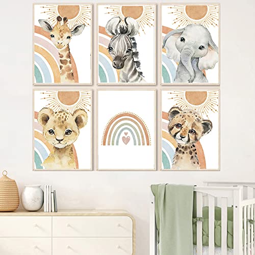 6 Poster Sonne Bild Tiere Baby Poster Kinder Regenbogen Schlafzimmer Junge Drucke auf Leinwand Zebra Elefant Löwe Wandbild Mädchen 21 x 30 cm ohne Rahmen von Youihom