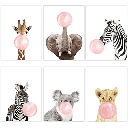 6 Poster Tiere Kaugummi Rosa Poster Wanddekoration Mädchen Leinwand Kinder Deko Zimmer Bild für Baby Geschenk Tafel 21 x 30 cm ohne Rahmen von Youihom