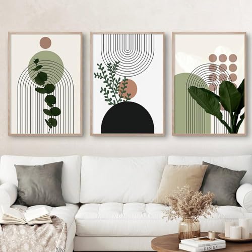 Youihom 3 Abstrakte Linien Bilder Blätter Grün 30x40 Wand Poster Wohnzimmer Modern Natur Leinwand Minimalistisch Bild Deko Schlafzimmer ohne Rahmen von Youihom