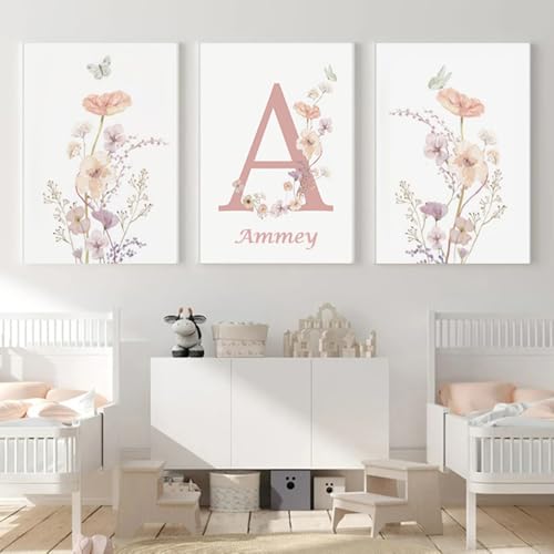 Youihom 3 Babyzimmer Bilder mit Namen Poster Kinderzimmer Mädchen Blumen Rose 30x40 Wandbilder Mädchen Zimmer Wandposter Personalisiert Baby Kinder Wandbild Leinwand ohne Rahmen von Youihom