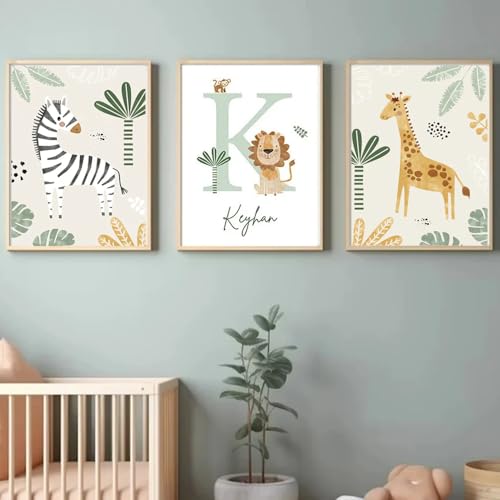 Youihom 3 Bilder Babyzimmer Junge Personalisiert Name Kind Waldtiere Poster Kinder Wandbilder 30x40 cm Bilder Kinderzimmer Giraffe Zebra Löwe Bilderwand Set Bunt Posterwand Leinwand ohne Rahmen von Youihom