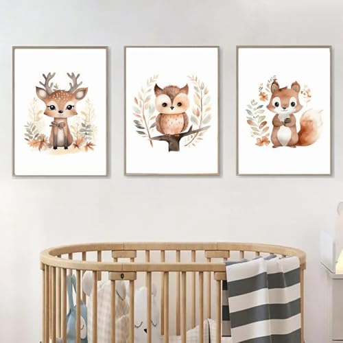 Youihom 3 Bilder Babyzimmer Tiere Eichhörnchen Eule Hirsch Braun Poster Safari Kinderzimmer 30x40 Wandbilder Baby Mädchen Junge Kinder Bild Leinwand ohne Rahmen von Youihom