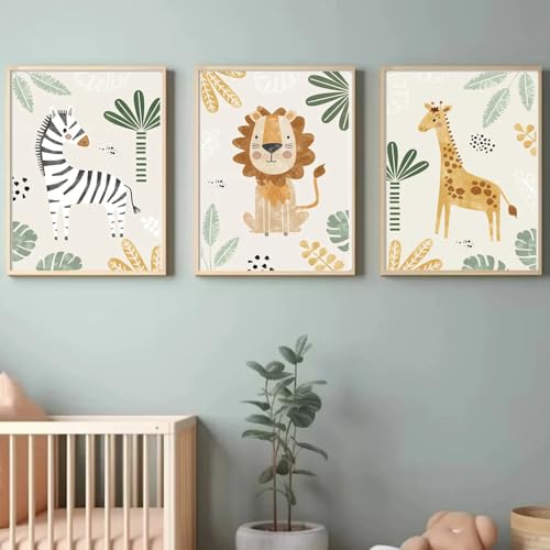 Youihom 3 Bilder Babyzimmer Waldtiere Löwe Giraffe Zebra Poster Set Boho Kinderzimmer Jungen 30x40 Leinwand Dschungel Kinder Baby Wandbilder Junge ohne Rahmen von Youihom