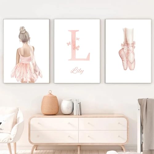 Youihom 3 Bilder Kinderzimmer Mädchen Rosa 30x40 Babyzimmer Poster Personalisiert Wandbilder Kinderzimmer Name Wandposter Baby Ballerina Love Bilderwand Leinwand ohne Rahmen von Youihom