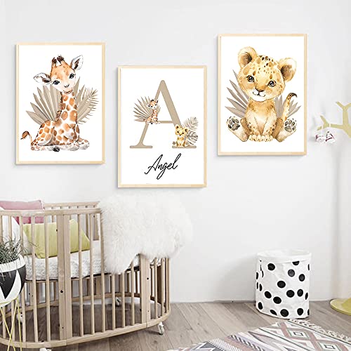 Youihom 3 Bilder Personalisiert Kind Name Leinwanddrucke Kinderzimmer Babyzimmer Dekoration Poster Giraffe Blätter Löwe Pflanze Zimmer Deko Segeltuch 30 x 40 cm ohne Rahmen von Youihom