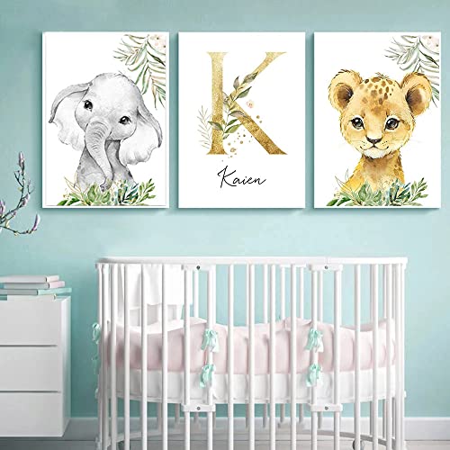 Youihom 3 Bilder Tiere Kinder Poster Elefant Löwe Kinderzimmer Wandbild Personalisiert Baby Namen Waldtiere Deko Babyzimmer Geschenk 30 x 40 cm ohne Rahmen von Youihom