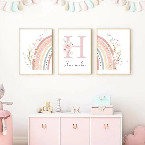 Youihom 3 Bilder für Kinderzimmer Personalisiert Poster Name Baby 30x40 Wandbilder Babyzimmer Mädchen Boho Rose Blumen Wandposter Regenbogen Bilderwand Leinwand ohne Rahmen von Youihom