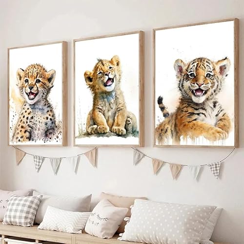 Youihom 3 Bilder mit Tieren für Kinder Braun Wandposter Kinderzimmer 30x40 cm Bilder Babyzimmer Junge Löwe Poster Set Safari Tiger Leopard Posterwand Leinwand ohne Rahmen von Youihom